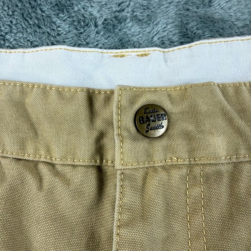 Eddie Bauer Mens 42x32 Khaki Tan Cotton Canvas Leather Trim Straight Leg Pants - Picture 6 of 13